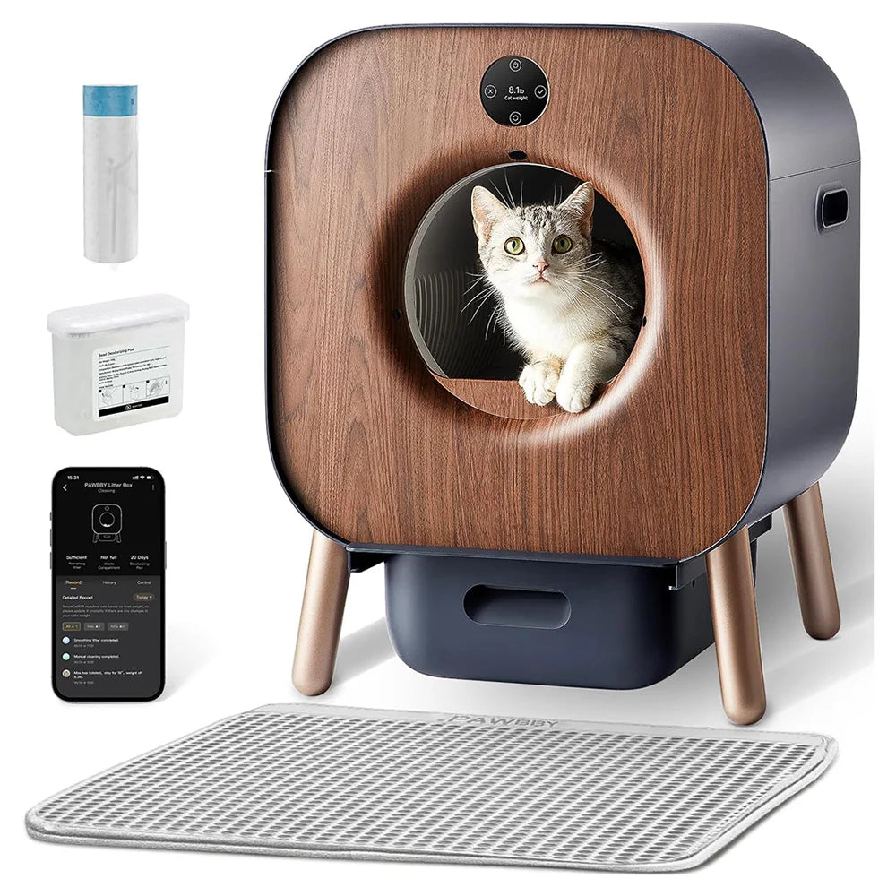 Smart Cat Litter Box with Wood Design