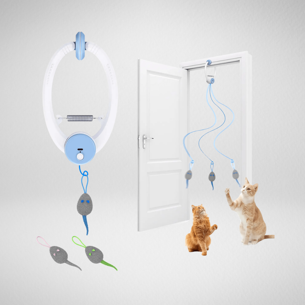 TechnuPet Cat Toys White Retractable Hanging Cat Toy with Catnip Mice