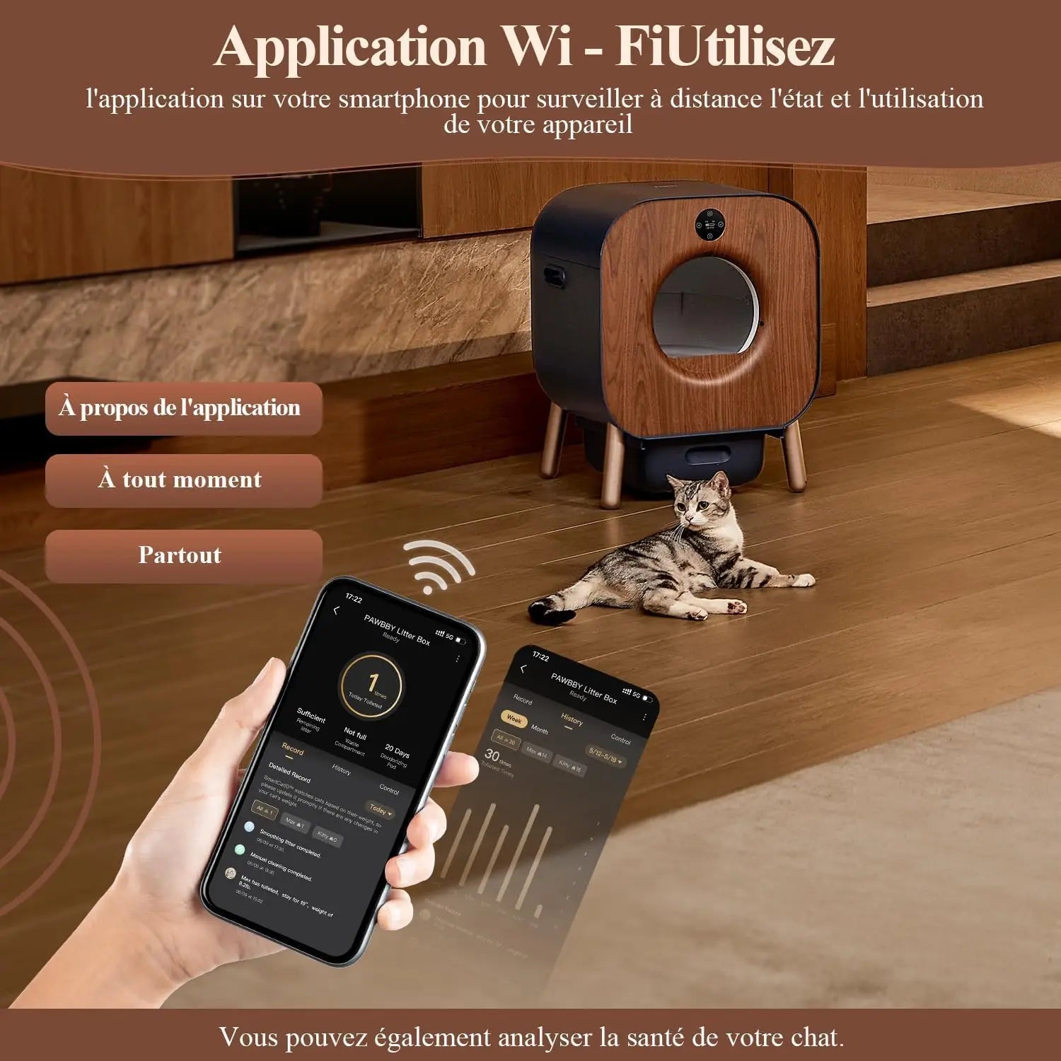 Smart Cat Litter Box with Wood Design