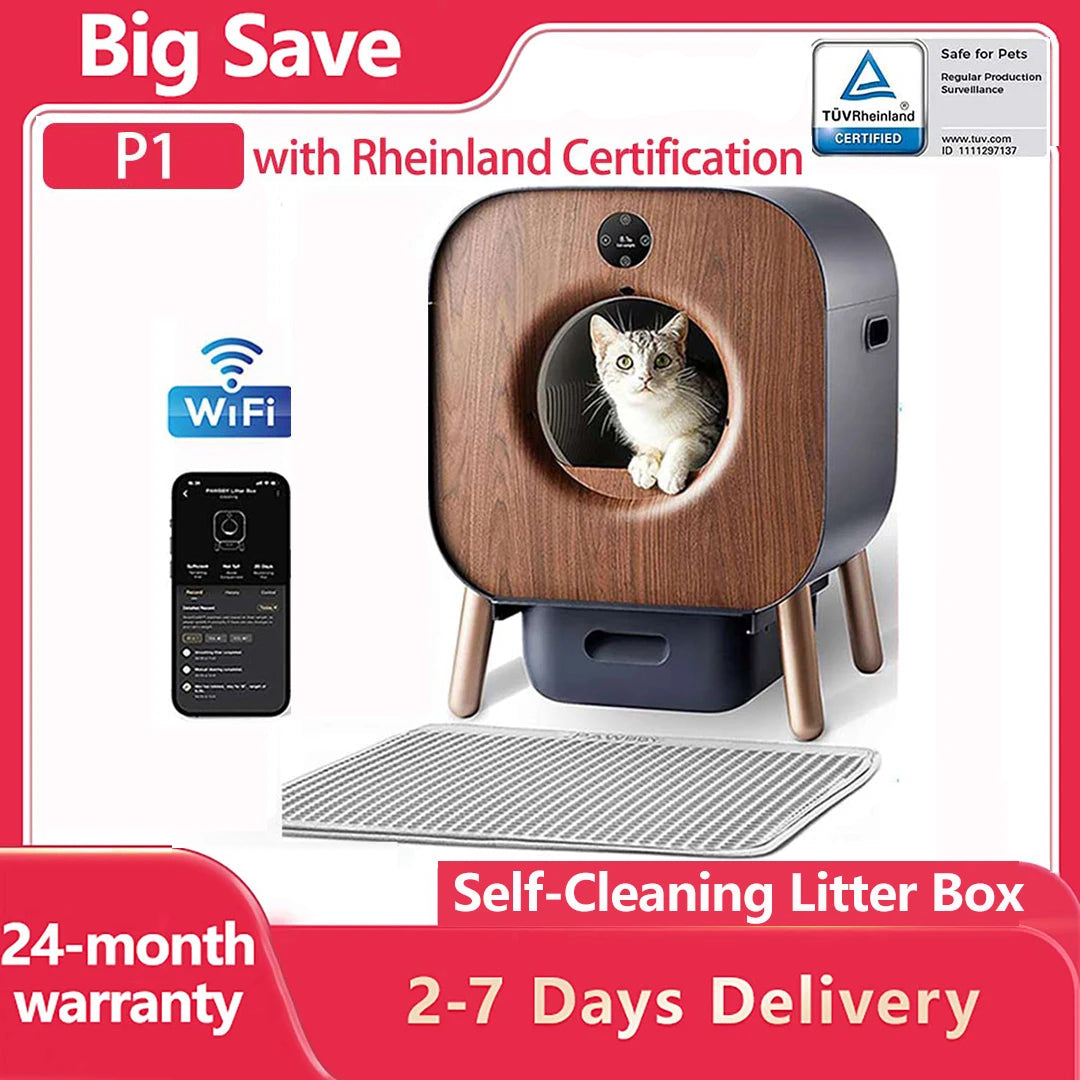 Smart Cat Litter Box with Wood Design