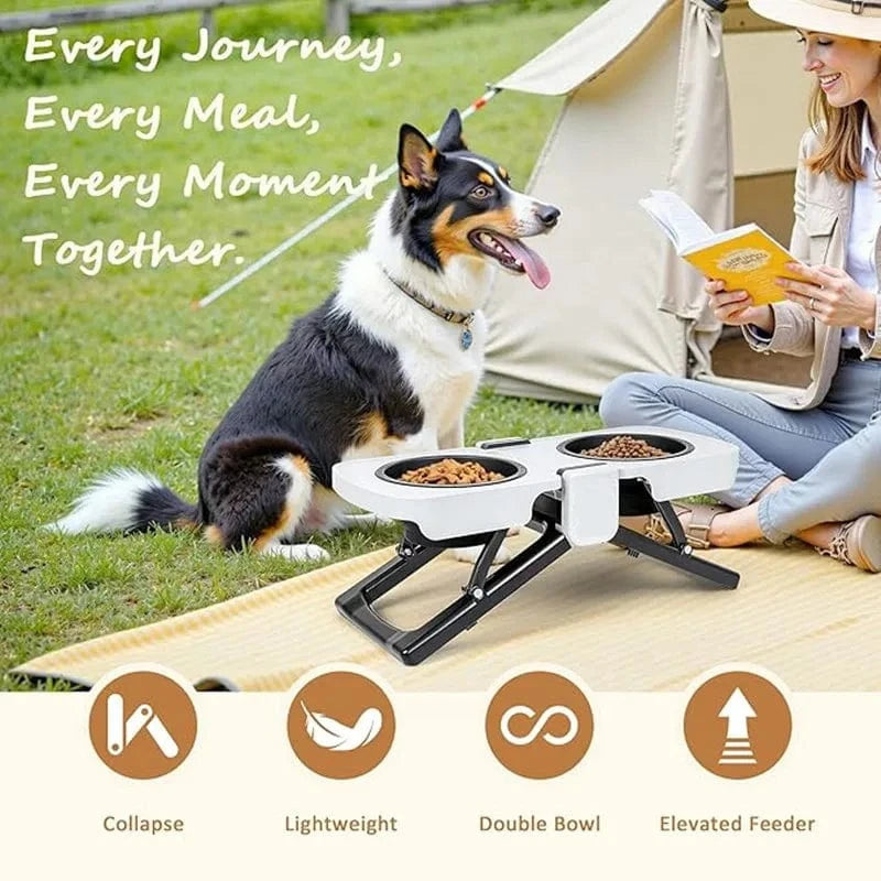 TechnuPet Dog Bowls White Foldable Elevated Double Pet Bowl